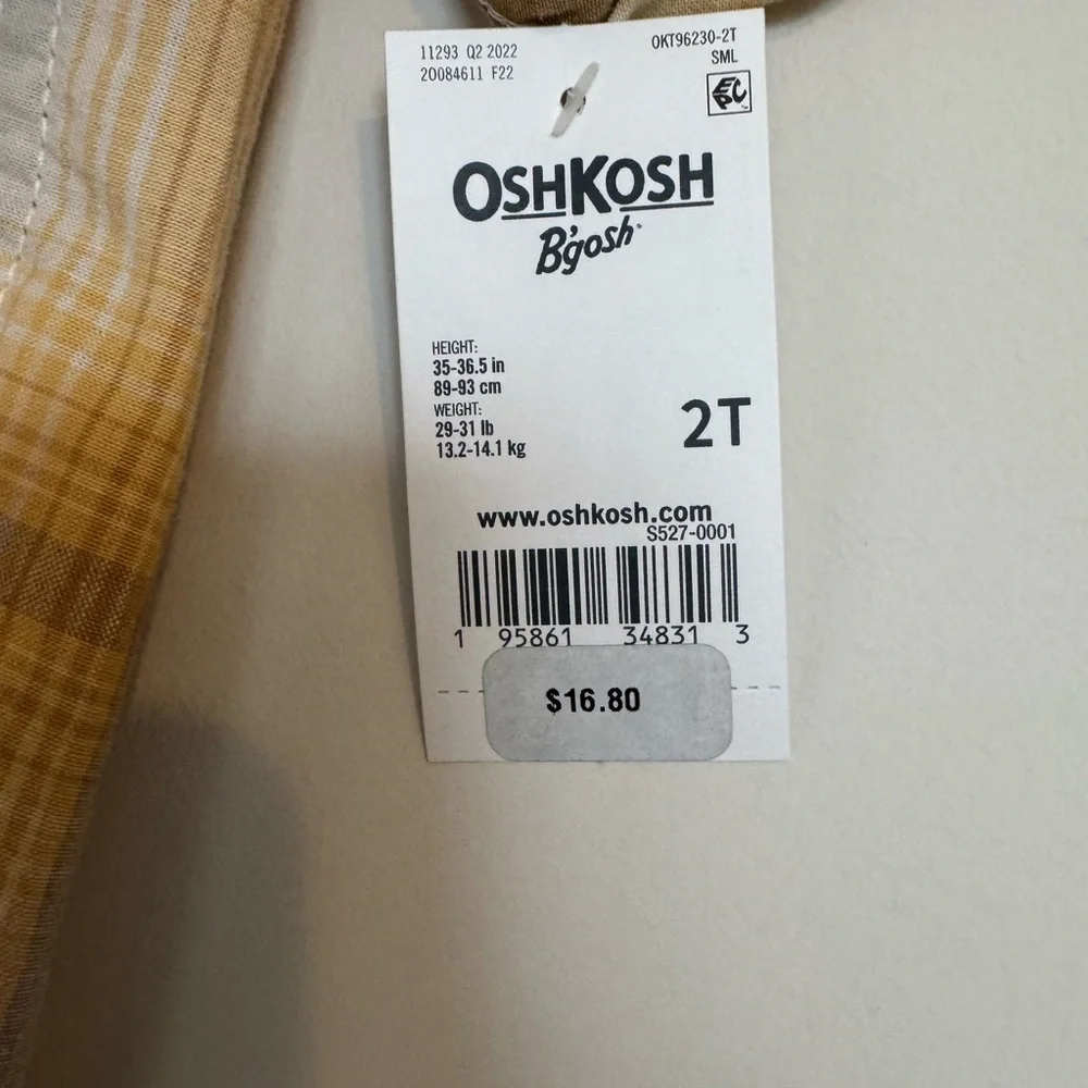 OshKosh B'gosh Yellow and White Plaid Button Down Shirt Size 2T 100% Cotton